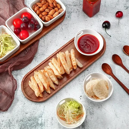 Acacia Wood Tray with 3 Ceramic Dipping Bowls and Square Sauce Dishes