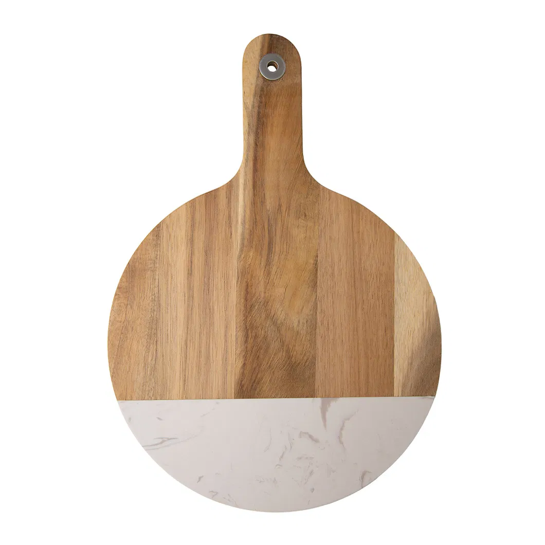 Practical Round Marble and Wood Cheese - Presenting Board with Handle