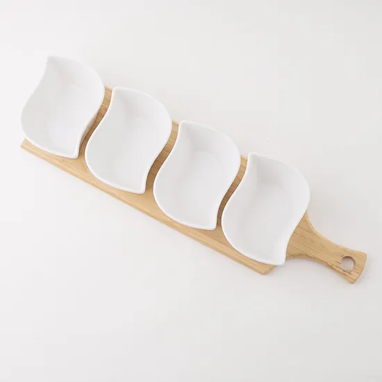 Multi-Grid Ceramic Fruit Platter with Bamboo Wooden Tray for Home Tableware
