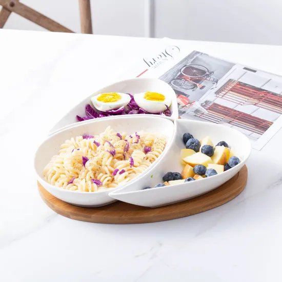 Heart-Shaped Ceramic Serving Bowls and Plates with Rotating Bamboo Serving Platter