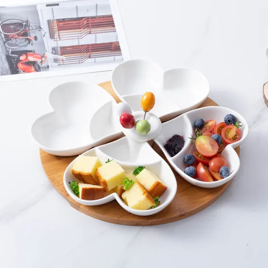 Bamboo Wood Tray Fruits Condiments Appetizer Tray and Desserts Serving Tray with 3 White Ceramic Bowls