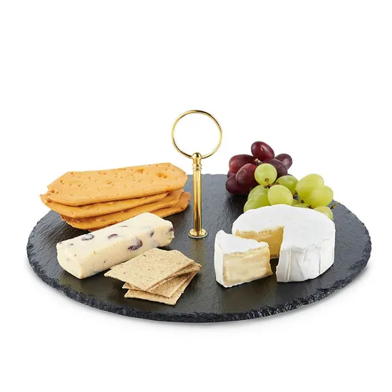 Round Black Slate Serving Tray with Metal Handle