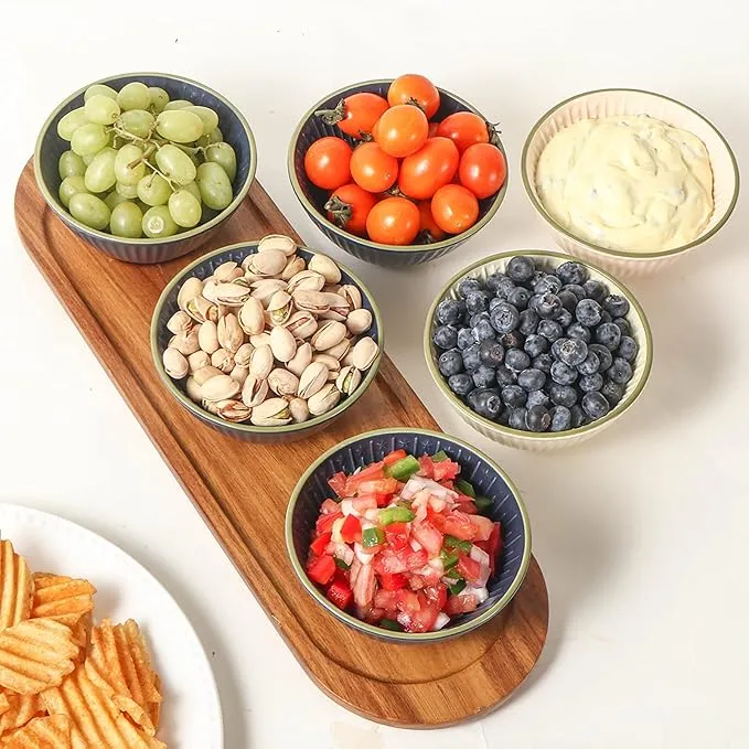 Acacia Wooden Tray with 3 Different - Color Ceramic Serving Bowls for Chip and DIP Set