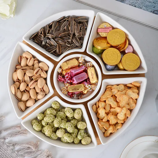 Rotating Ceramic Divided Serving Dish Bamboo Lazy Susan for Restaurant Fruit Appetizers