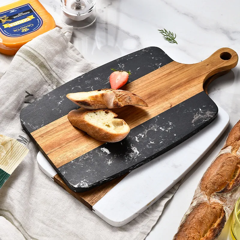 Wholesale Paddle Shape Marble Wooden Cheese Board Serving Board with Handle