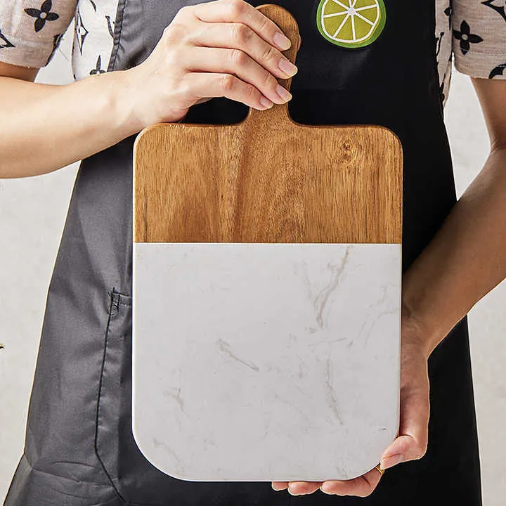 Round Shape Acacia Wood and Marble Charcuterie Board with Handle
