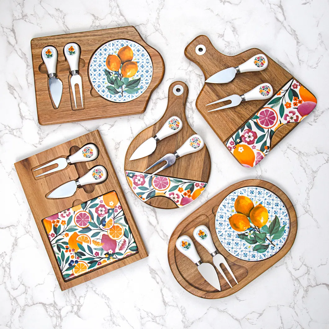 Paddle Shape Wooden Cheese Board with Marble Plate &amp; Knife Set