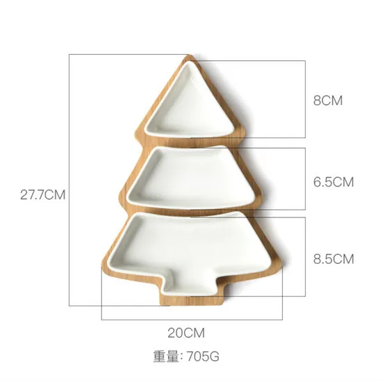 Christmas Tree - Shaped Bamboo Tree Tray with 3 White Removable Ceramic Snack Appetizer Plates