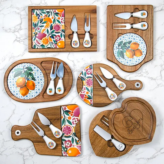 Paddle Shape Wooden Cheese Board with Marble Plate & Knife Set