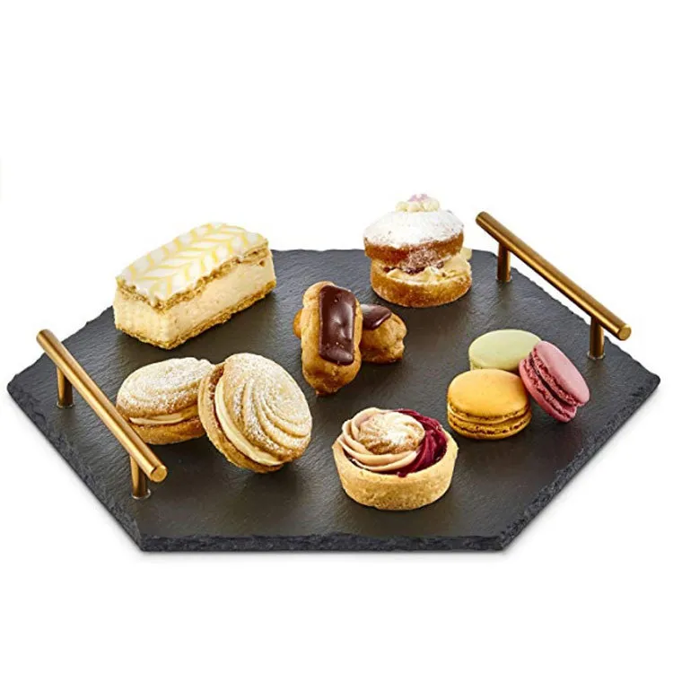 Hexagon Shape Black Slate Serving Board / Tray / Plate with Metal Handle