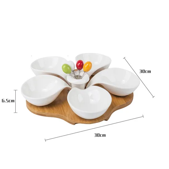 5-Grid Ceramic Salad Bowl & Sauce Dish with Bamboo Serving Tray for Afternoon Tea, Fruits, Desserts & Nuts
