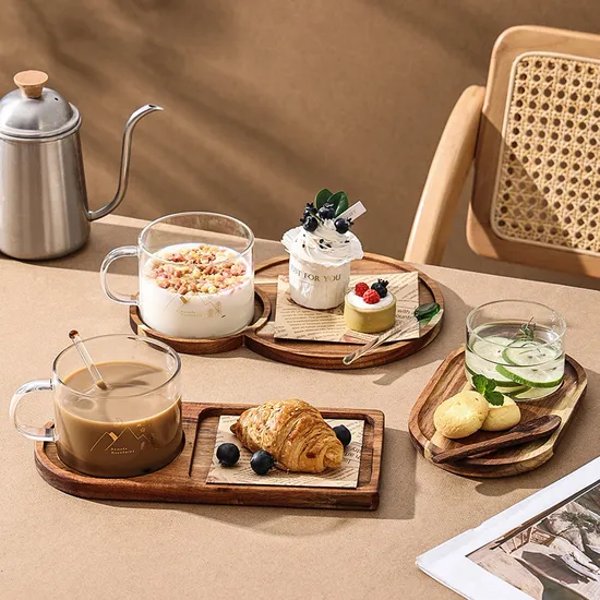 Heat Resistant Wood Serving Tray with Pudding Glass Bowl Ice Cream Bowl Yogurt Cup