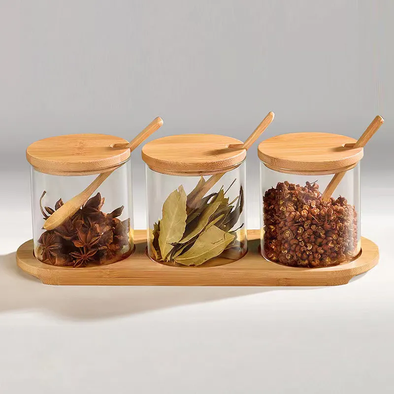 Clear Glass Spice Jars Set of 3 with Bamboo Lids and Spoons and Divided Bamboo Stand