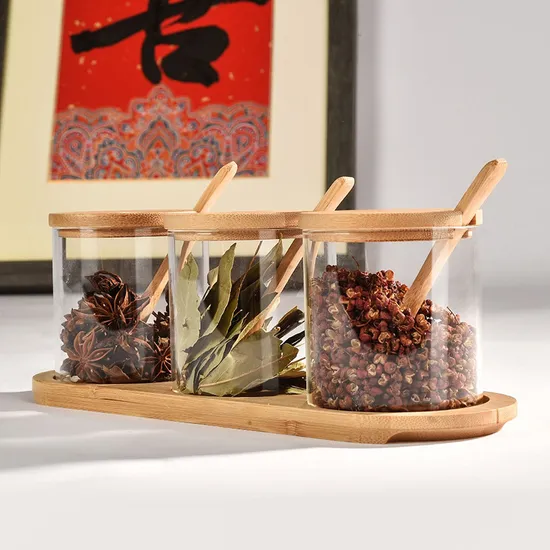 Clear Glass Spice Jars Set of 3 with Bamboo Lids and Spoons and Divided Bamboo Stand