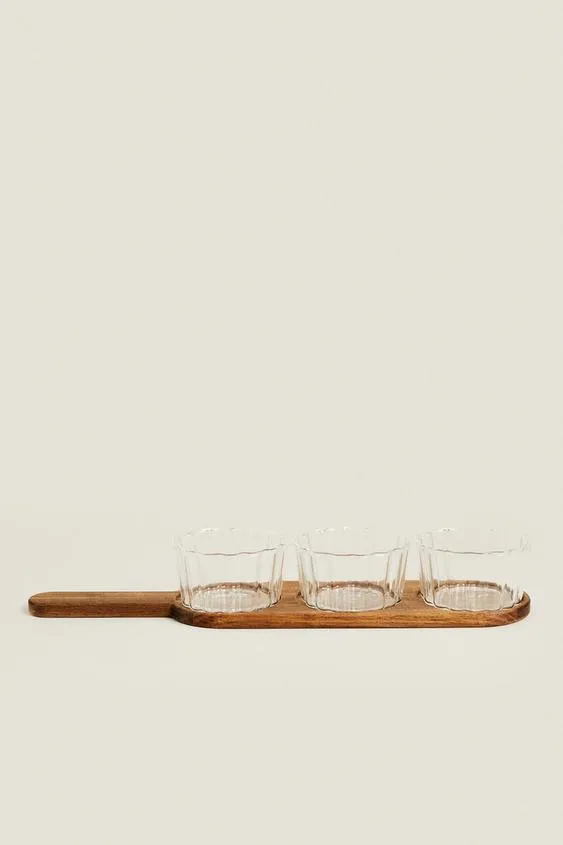 Paddle Shape Acacia Wood DIP Tray with 3 PCS Glass Serving Bowls Set for Sale