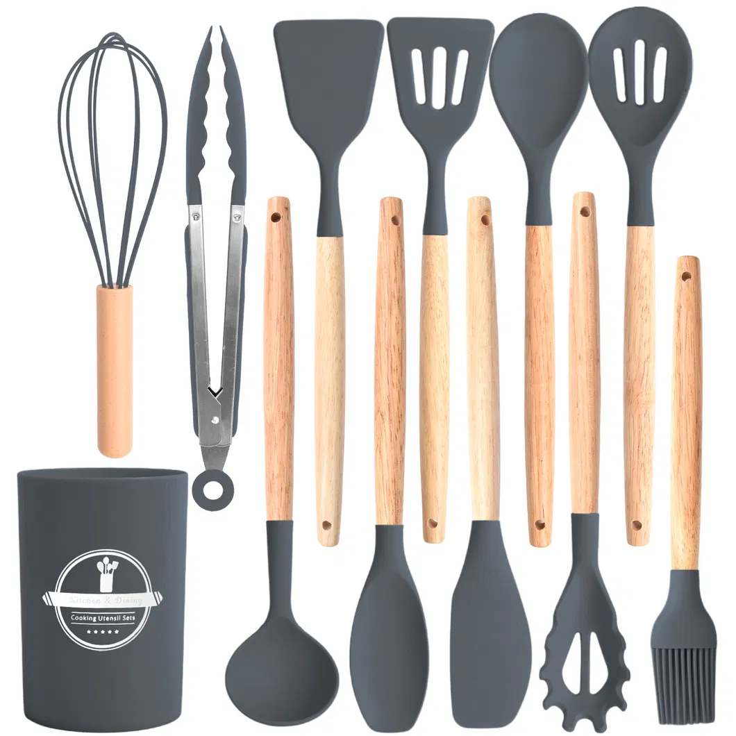 All-Purpose 12 PCS Silicone Kitchen Utensils Set Cooking Tools Kitchen Gadgets with Wooden Handle and Storage Holder