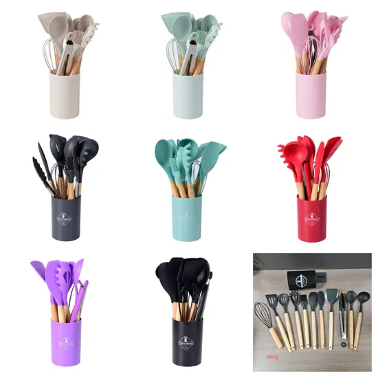 All-Purpose 12 PCS Silicone Kitchen Utensils Set Cooking Tools Kitchen Gadgets with Wooden Handle and Storage Holder