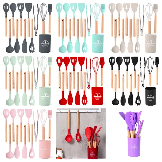 Heat Resistant Turner Tongs Spatula Spoon Brush Whisk Silicone Cooking Utensils Kitchen Utensil Set with Wooden Handle