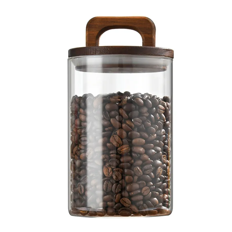 Functional Glass Food Containers Coffee Beans Storage Bottles with Acacia Wood Lid