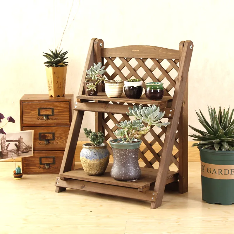 Foldable Multi - Layer Solid Wood Step - Type Flower Rack for Living Room and Balcony