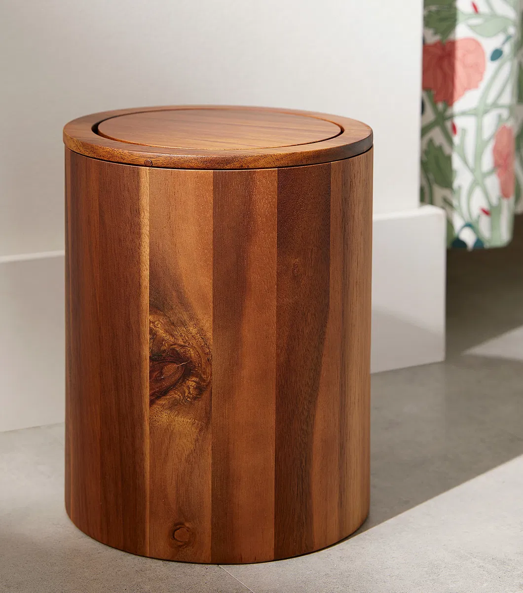 Round Wood Trash Bin Waste Basket for Bathroom