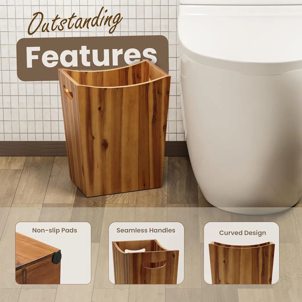 Small Acacia Wood Waste Basket Trash Can with Handles for Bathroom