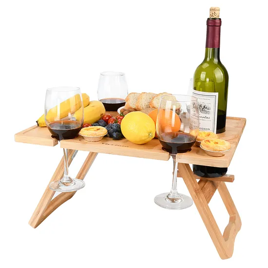 Outdoor Portable Bamboo Beach Snack Tray Wine Picnic Table for Camping