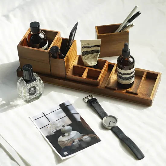 6-Piece Acacia Wood Vanity Tray Set/ Office Desk Organizer and Storage - Holds Small Items