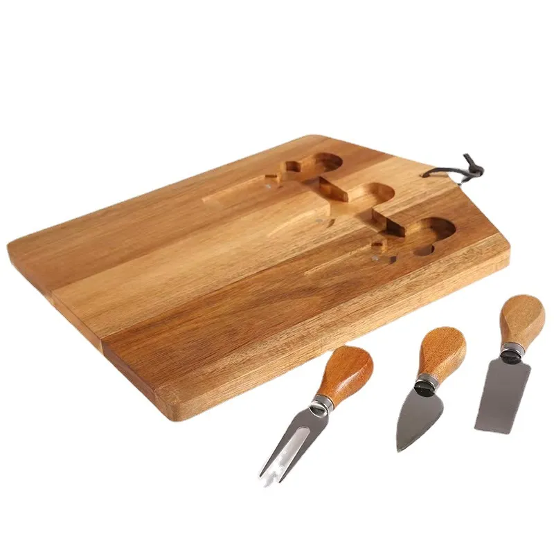 Handmade Acacia Wooden Cheese Board Set with Fork Knives and Leather Straps