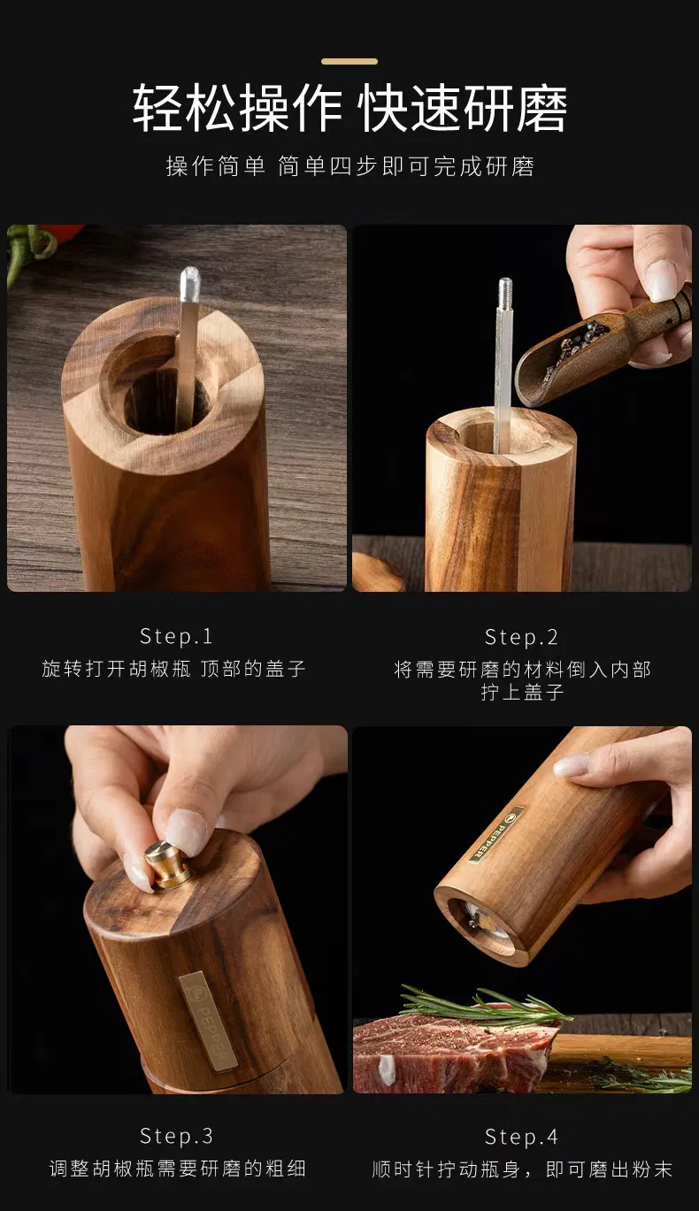 Acacia Wood Manual Pepper Grinder Set for Grinding Spice and Salt