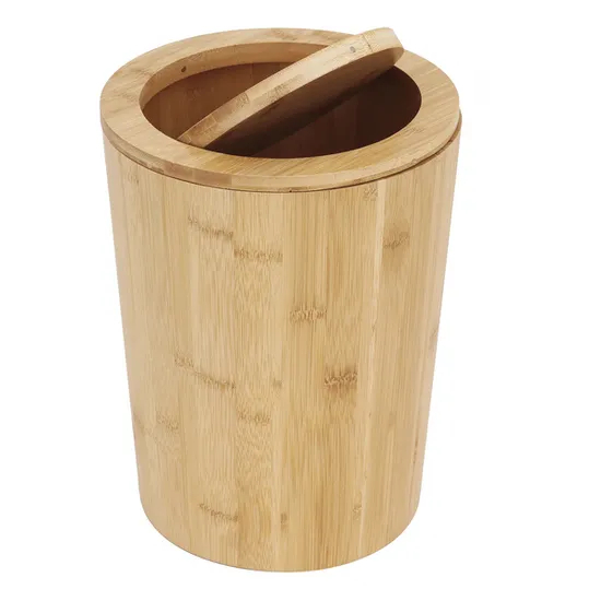 Round Bamboo Waste Basket with Lid for Living Room and Bathroom