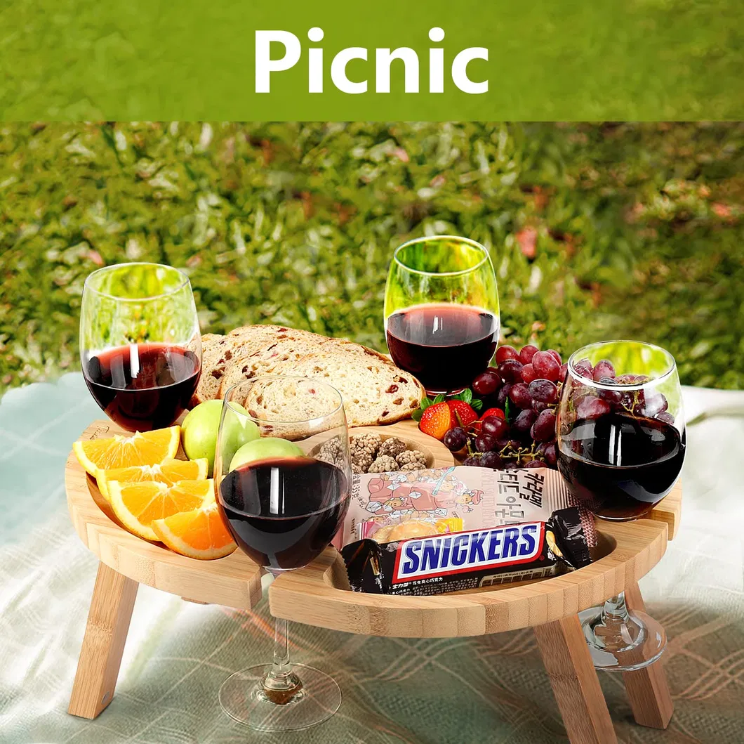 Oval Shape Bamboo Outdoor Picnic Table with Glass Holder for Park, Beach, Camping, Bed