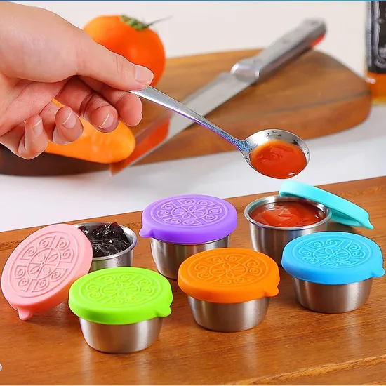 6 PCS Stainless Steel Condiment Cup with Silicone Lid for Lunch Box Picnic Travel Work