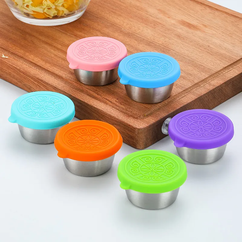 6 PCS Stainless Steel Condiment Cup with Silicone Lid for Lunch Box Picnic Travel Work