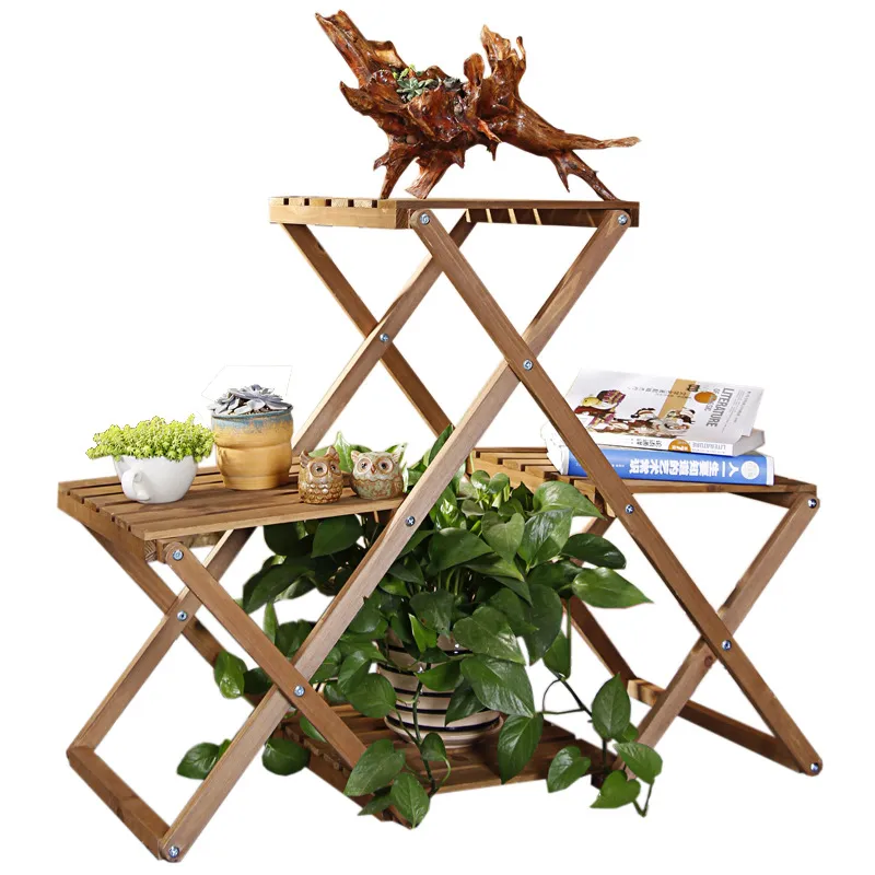 Movable and Fodable Triangular Wood Flower Shelf Plant Display Stand Outdoor Indoor
