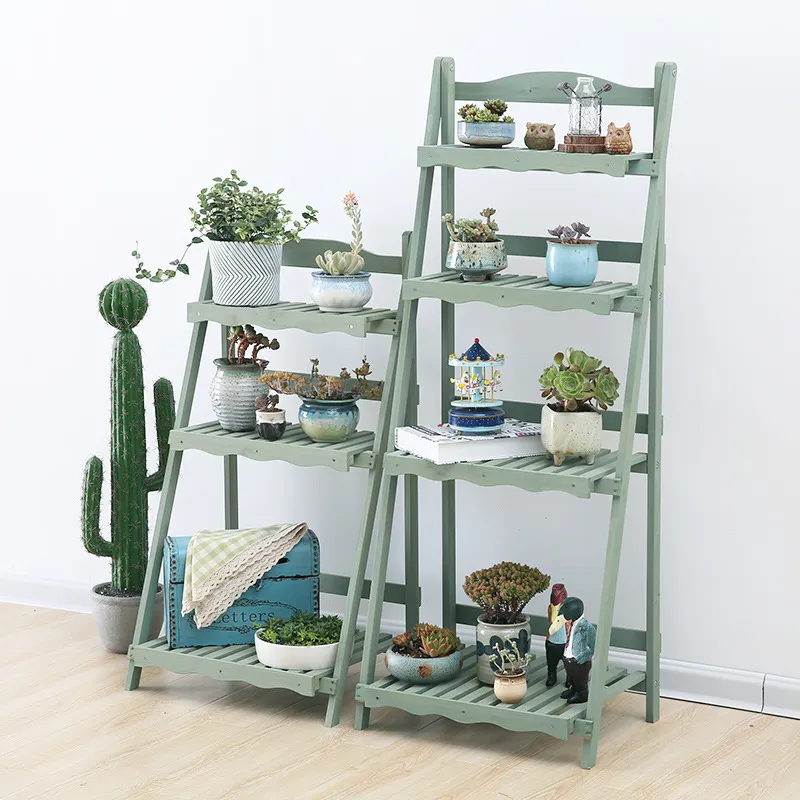 Folding Four-Layer Multi-Function Flower Rack Wooden Plant Stand Display Shelf for Garden