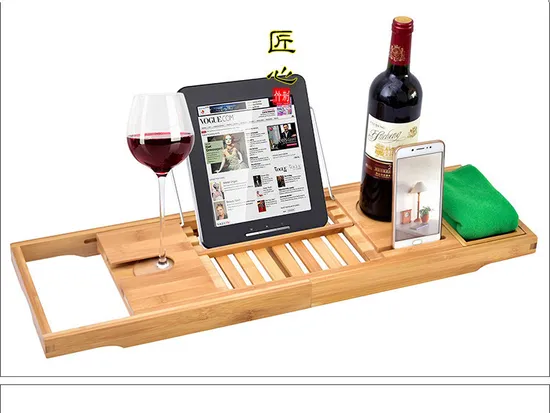 Retractable Multifunctional Non-Slip Bamboo Bathroom Shelf Bathtub Shelf with Red Wine Stand