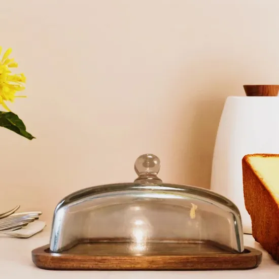 Rectangle Small Acacia Wooden Cake Stand with Glass Dome for Home Use