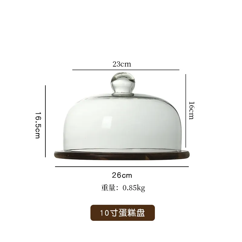 Fujian Factory Manufacture Round Acacia Wood Cake Stand with Glass Dome