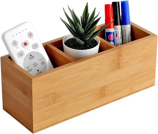 3-Compartment Bamboo Desk Organizer for Pens & Remotes