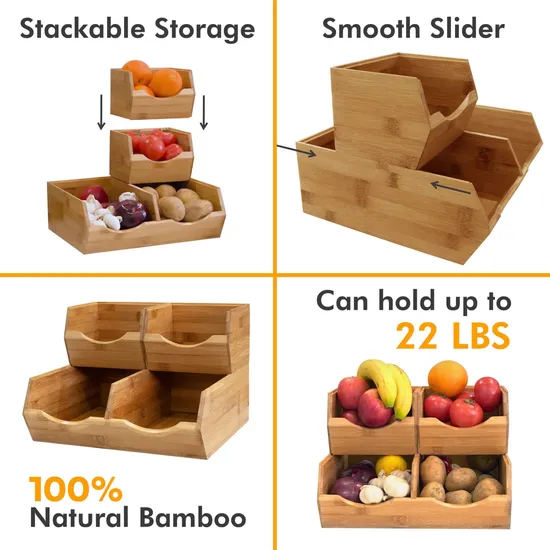 Stackable Wooden Storage Basket Bamboo Pantry Storage Bins Set of 3 for Potato / Onion