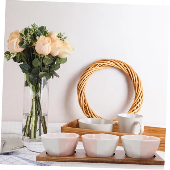 Stylish Ceramic Snack Serving Bowl Set with Wooden Tray for Fruit, Snacks & Desserts