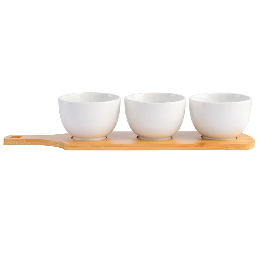 Elegant 3-Piece White Tidbit Bowl Set with Bamboo Serving Tray