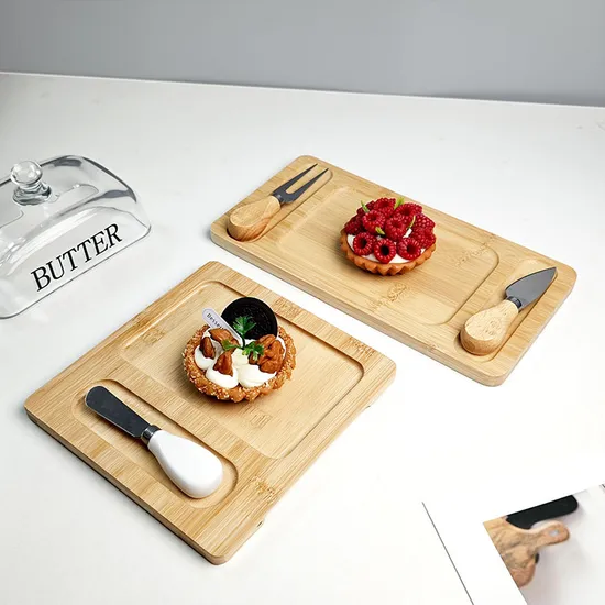 Manufacture Rectangle Bamboo Butter Dish with Glass Lid and Cheese Knives