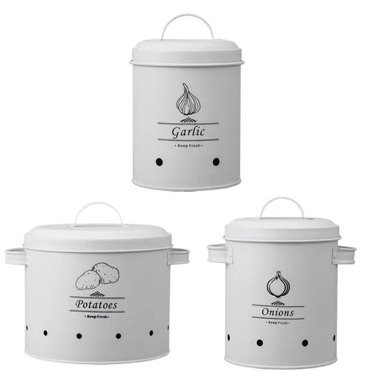 Custom Engraved Round Metal Onions potatoes Canister Set of 3 with Handle