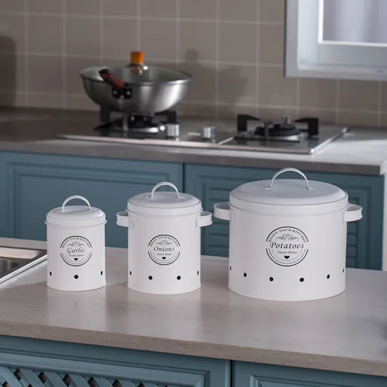 Wholesale White Vintage Metal Potato Onion Kitchen Storage Canisters Set of 3