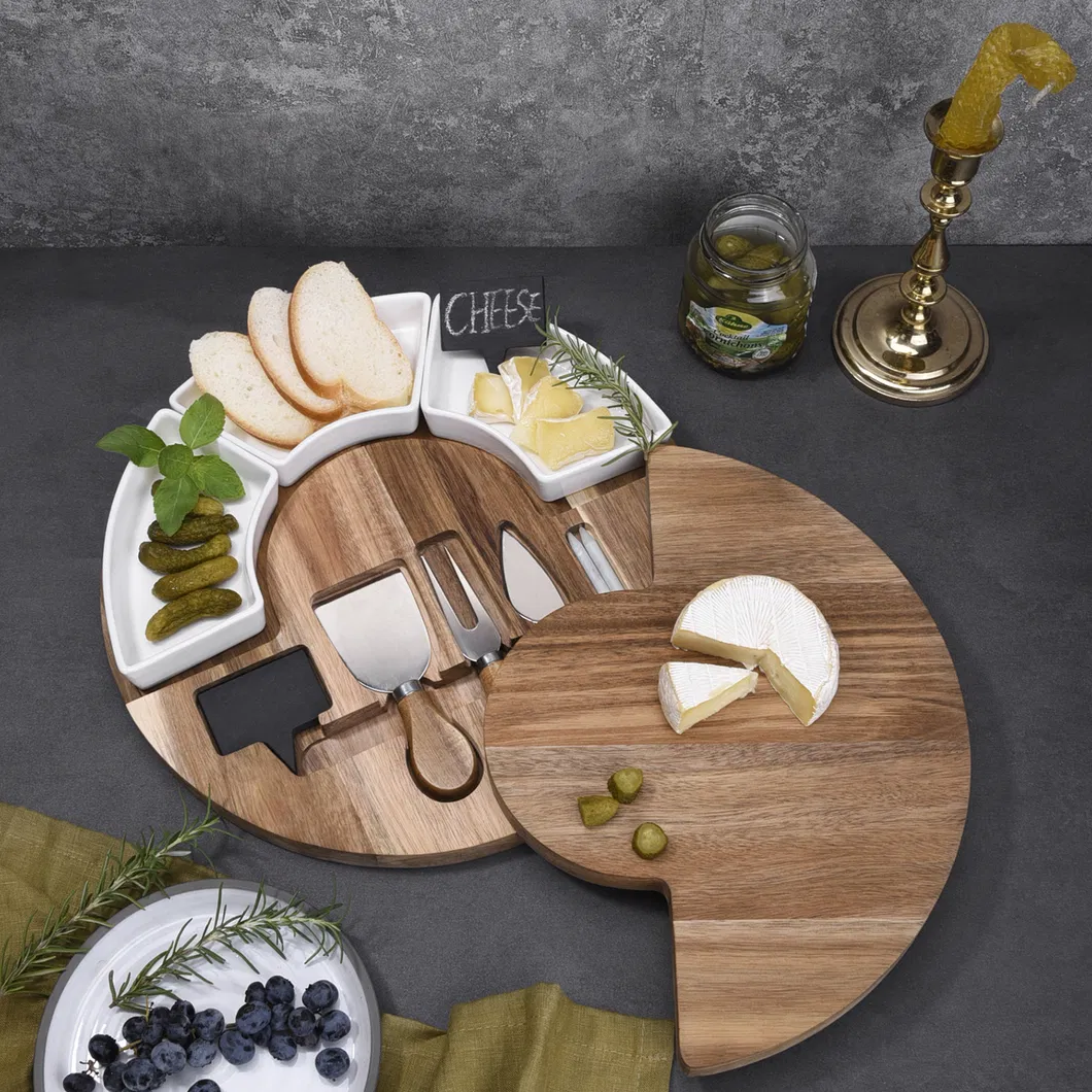 Fujian Factory Supply Round Acacia Cheese Board with Removable Bowls and Knives