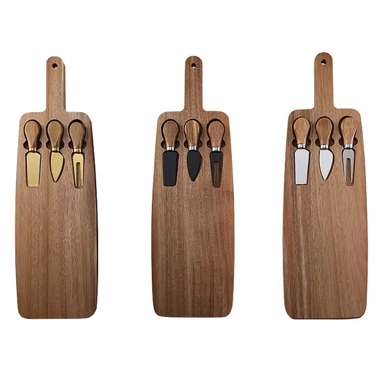 Long Acacia Wood Cheese Board with Cutlery Set for Outdoor Camping