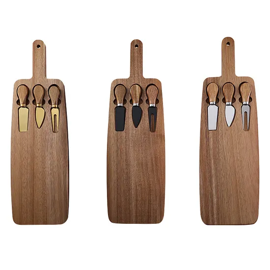 Long Acacia Wood Cheese Board with Cutlery Set for Outdoor Camping