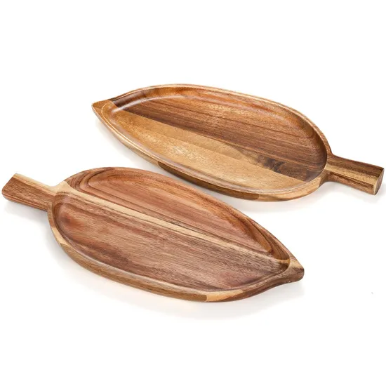 Leaf Shape Acacia Wood Food Serving Tray for Appetizers & Snacks with Handles